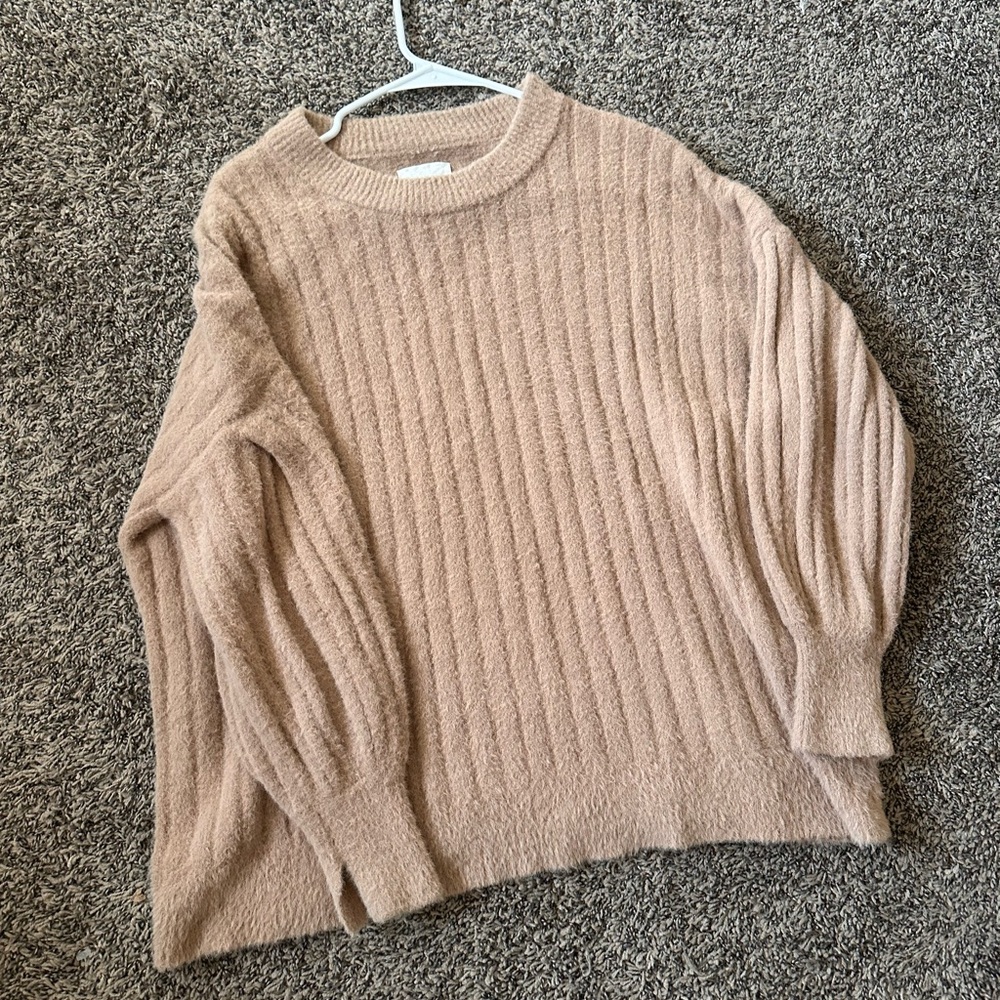 Aerie Buttercream Oversized Crew Neck Sweater Fuzzy Ribbed Knit Tan XS - Picture 3 of 4